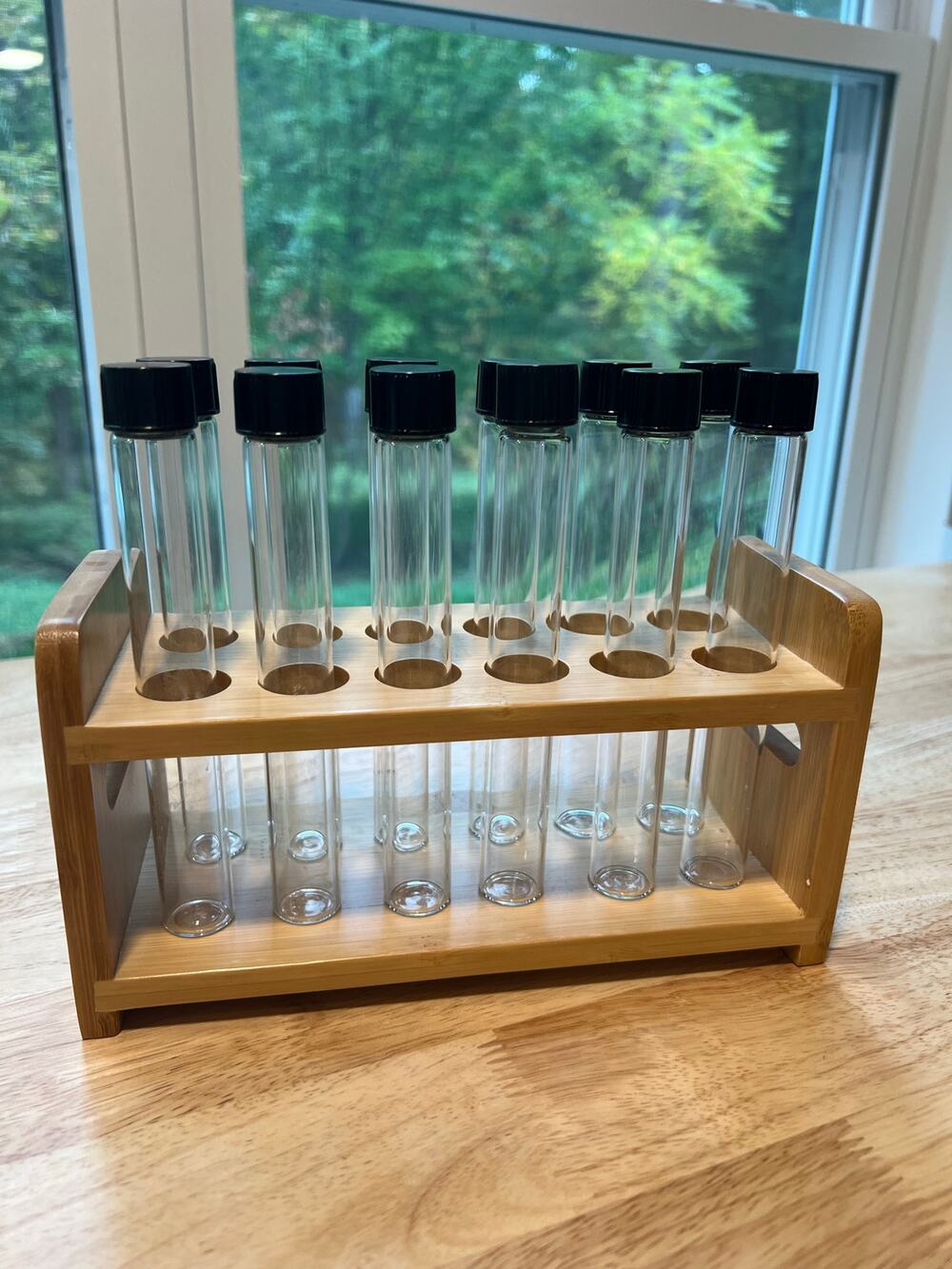12 Capped Glass Test Tubes with Wood Stand Display Rack Science Lab Testing